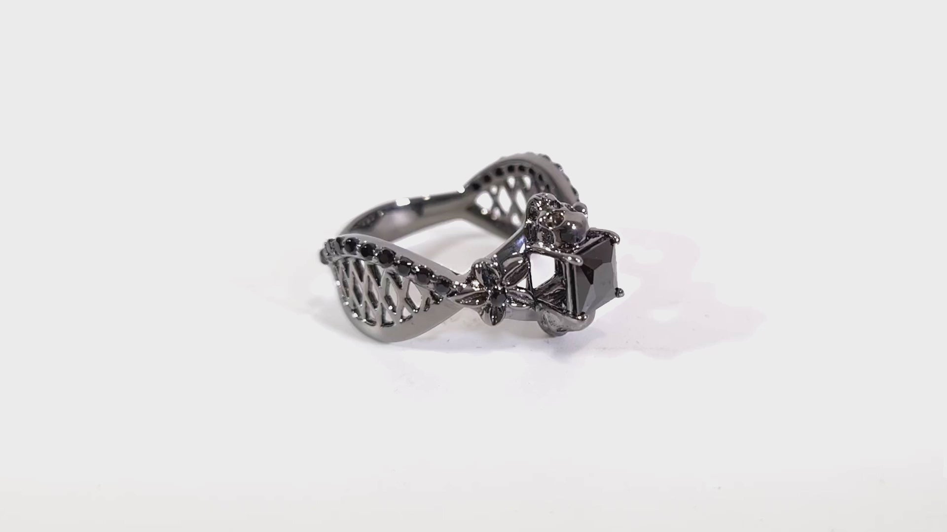 Onyx Mesh Flower Skull Ring Womens Gothic Engagement Ring