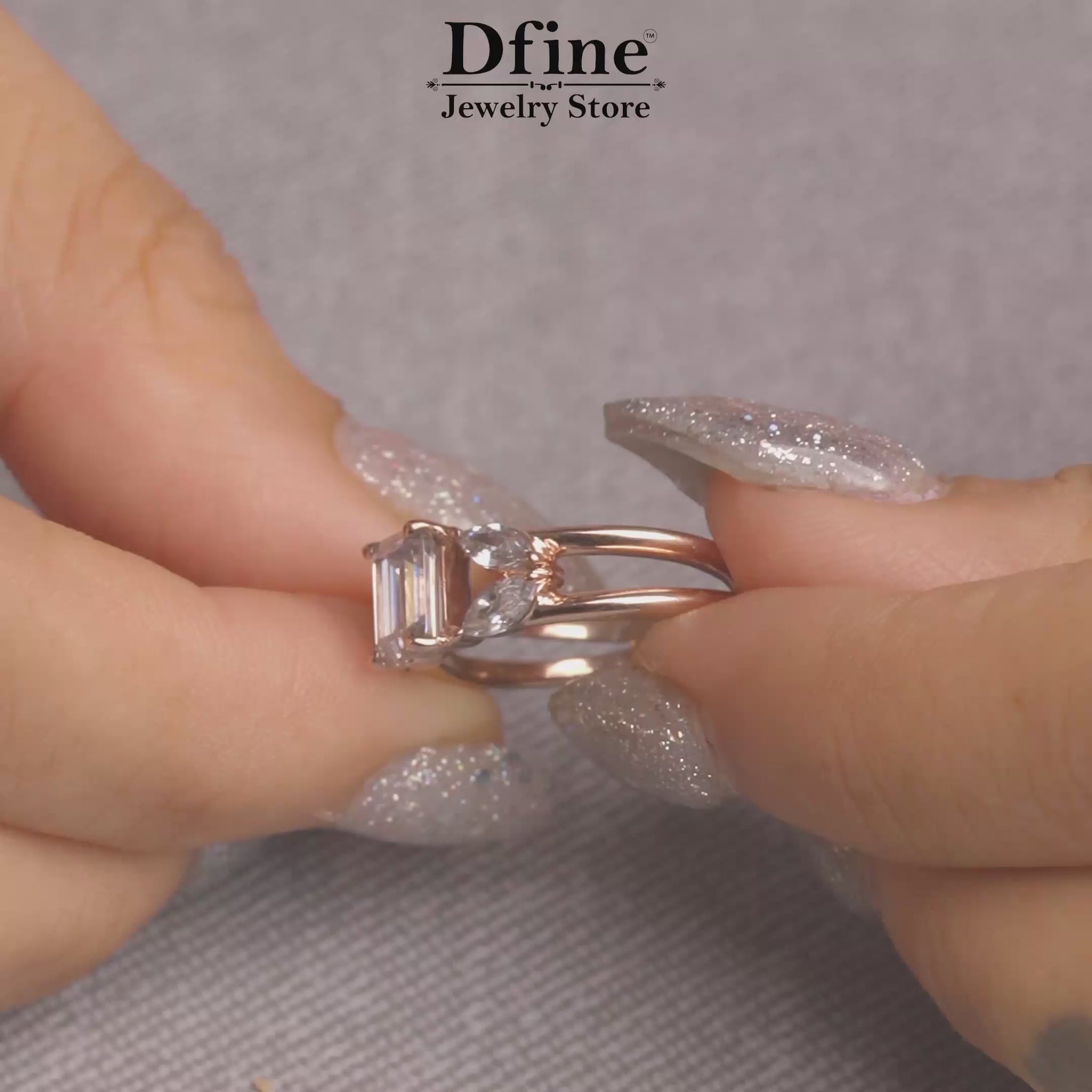 Moissanite Diamond 5 Stone Engagement Ring in Sterling Silver or Rose Gold with Split Shank Design