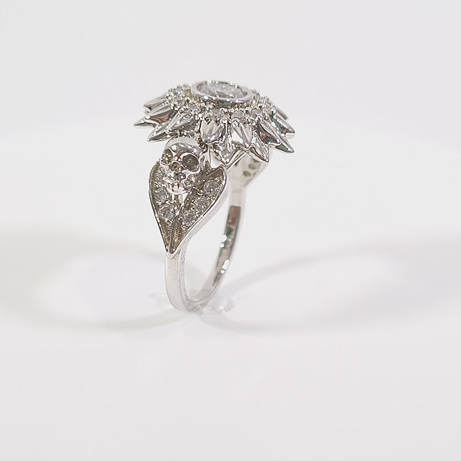Diamond Flower Skull Ring Gothic Skull Engagement Ring Silver