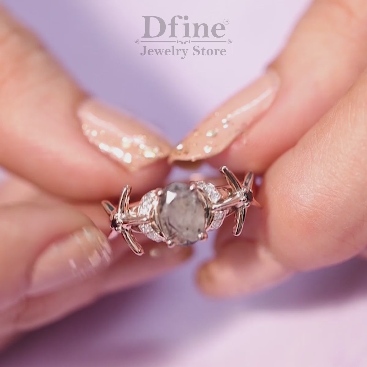 Oval cut rutilated quartz starfish ring in rose gold beach jewelry