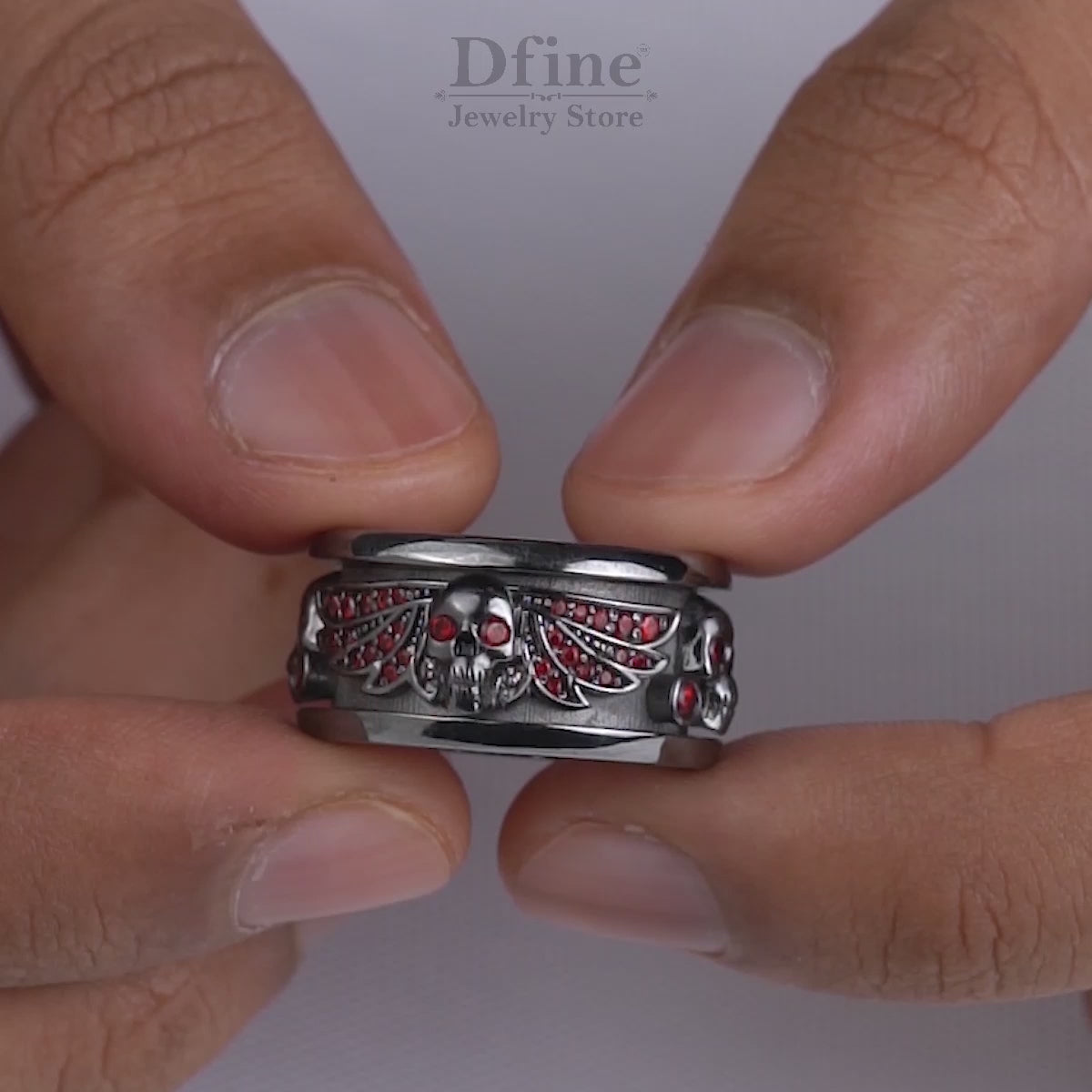 Winged Skull Band for Men Natural Garnet Gothic Wedding Ring