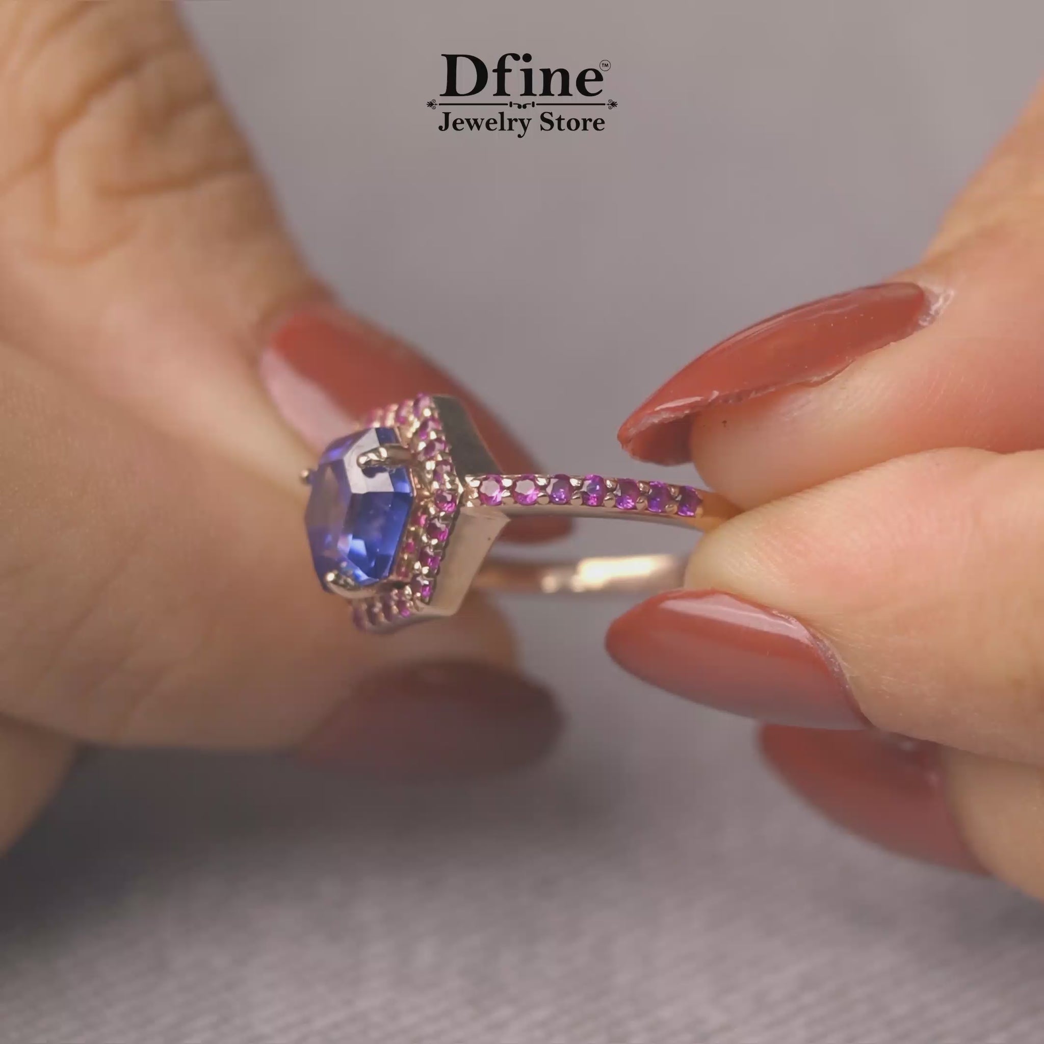 Hexagon blue gemstone halo cocktail engagement ring in rose gold