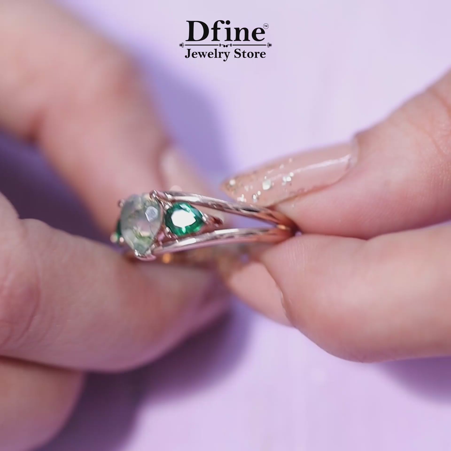 3 Stone Moss Agate Ring with Green Emerald Accents in Solid Rose Gold