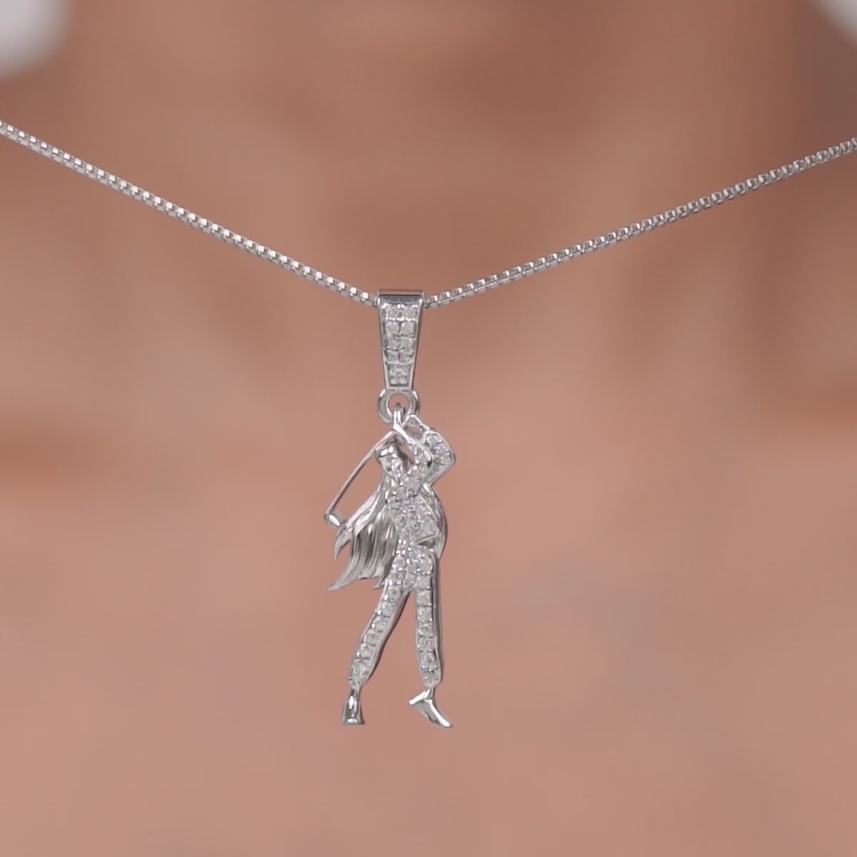 Female Golf Player Necklace in Sterling Silver Lady Golfer Sports Pendant Iced Out with Moissanite Diamonds