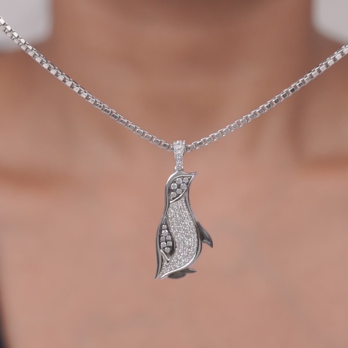 Two Tone Penguin Pendant Necklace in Sterling Silver with Diamond Iced Out Antarctic Jewelry