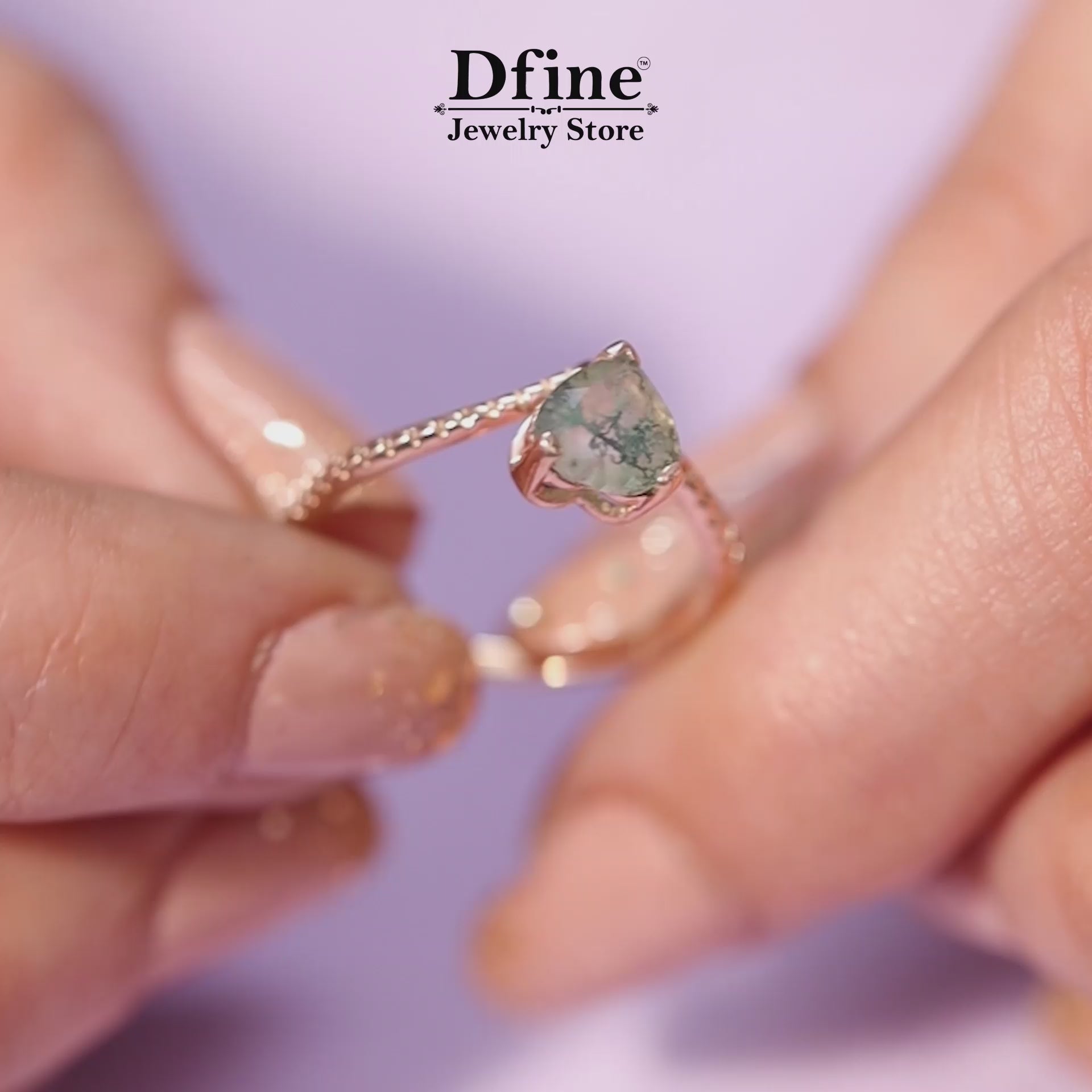 Solitaire Heart Shaped Moss Agate Chevron Promise Ring in Rose Gold