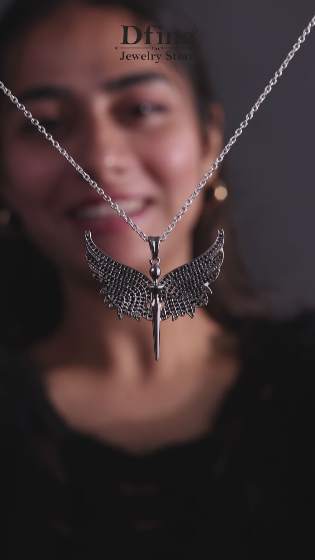 Angel Necklace with Wings Black CZ Diamonds Sterling Silver