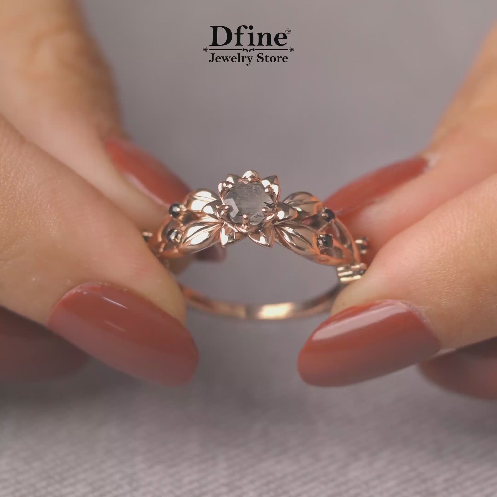 Nature Inspired Flower Engagement Ring in Rose Gold, Floral Bridal Wedding Jewelry with Black Spinel Gemstones