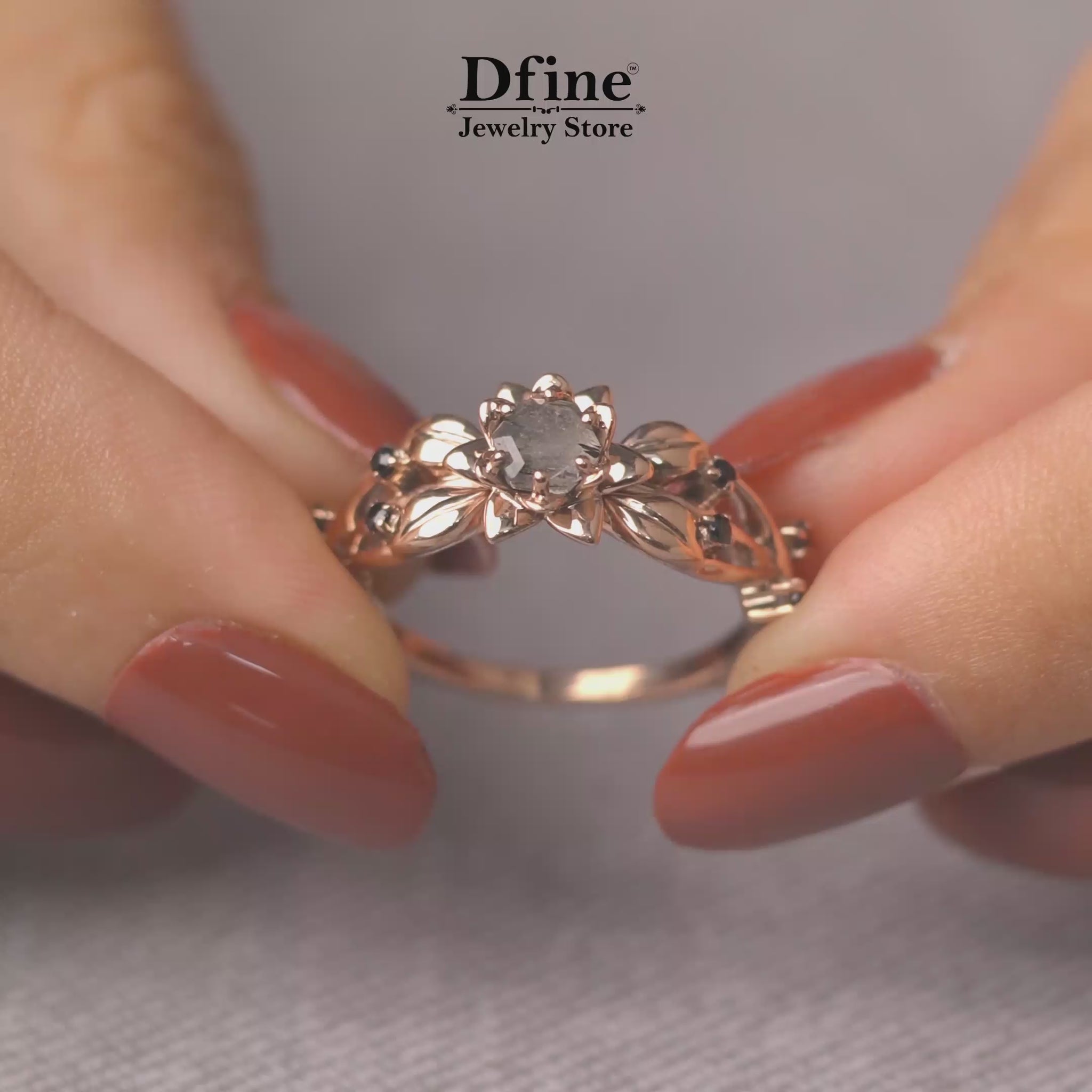 Nature Inspired Flower Engagement Ring in Rose Gold, Floral Bridal Wedding Jewelry with Black Spinel Gemstones