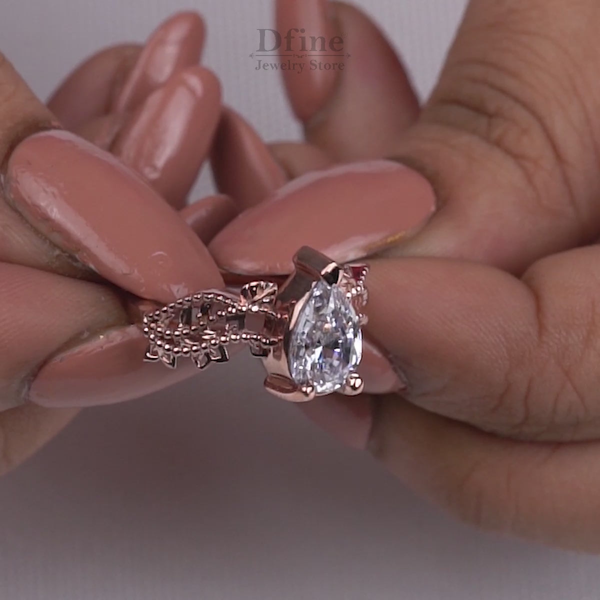 Pear Cut Moissanite Art Deco Engagement Ring White Rose Gold Vintage Solitaire
