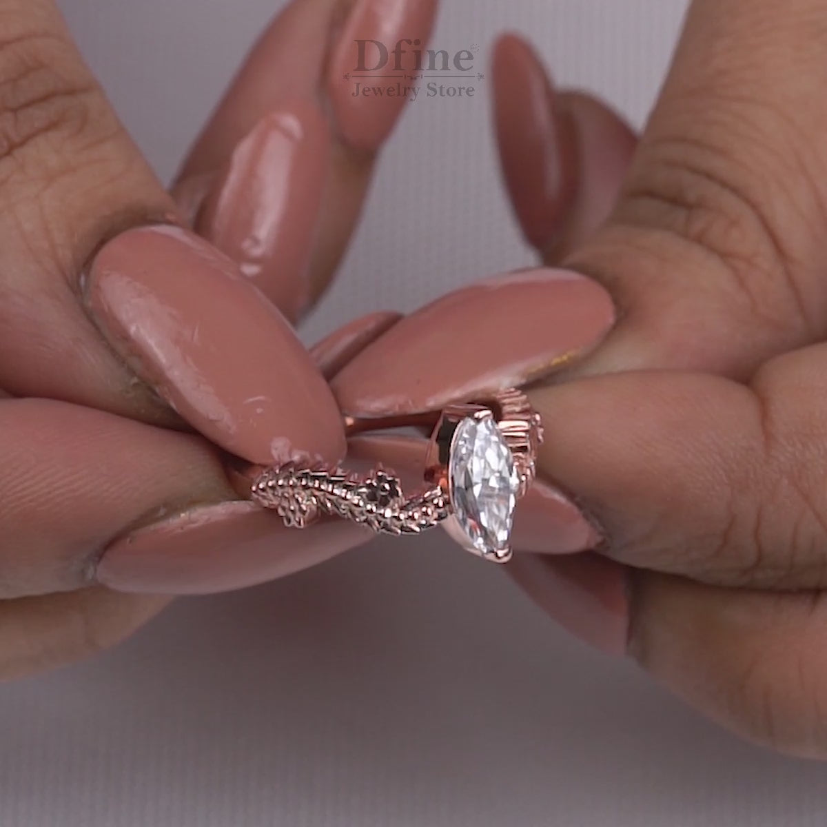 Marquise Cut Solitaire Moissanite Diamond Leaf Vine Art Nouveau Promise Engagement Ring Silver Rose Gold
