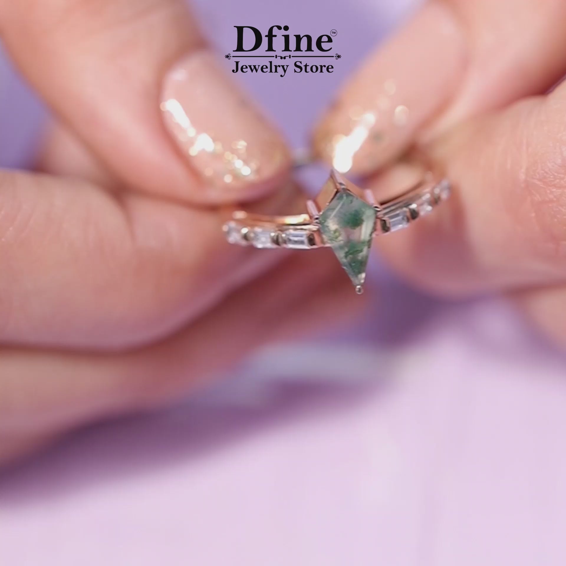 Kite Cut Moss Agate Statement Bridal Ring Set in Rose Gold with Moissanite Accented