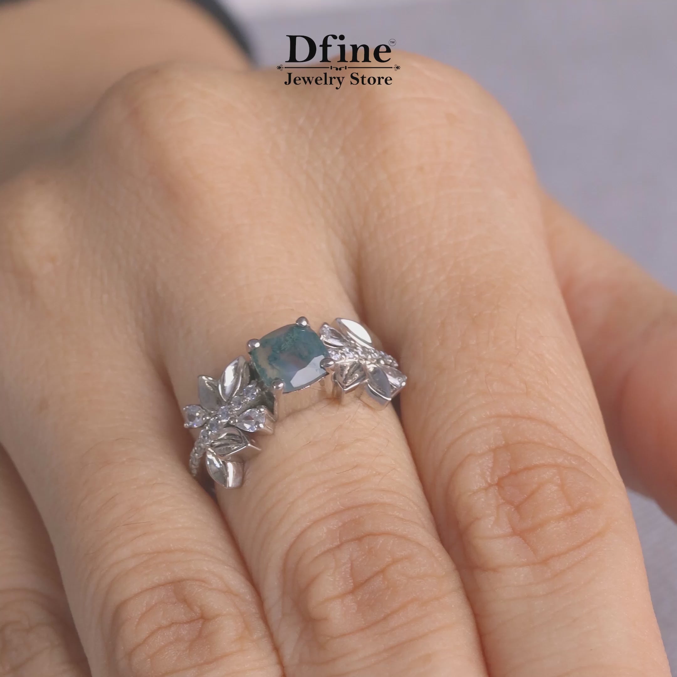 Cushion cut moss agate floral engagement ring in sterling silver or white gold