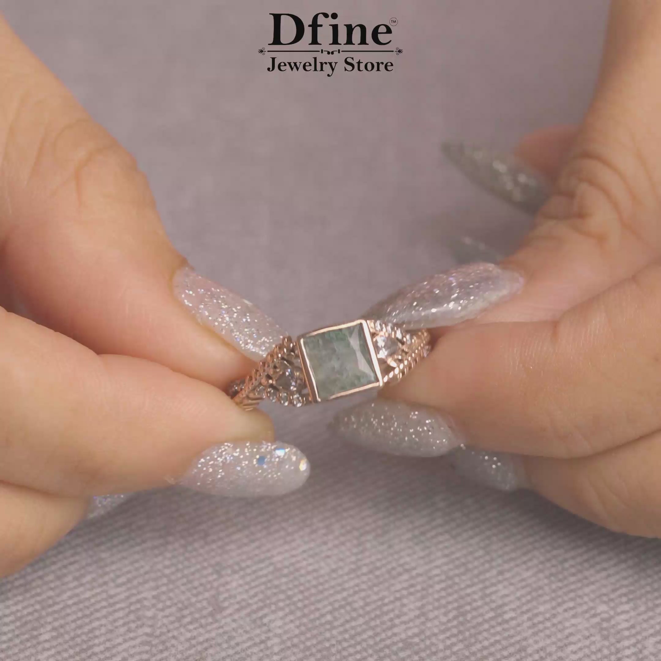 Princess cut moss agate floral leaf vine art nouveau nature inspired engagement ring in rose gold or sterling silver