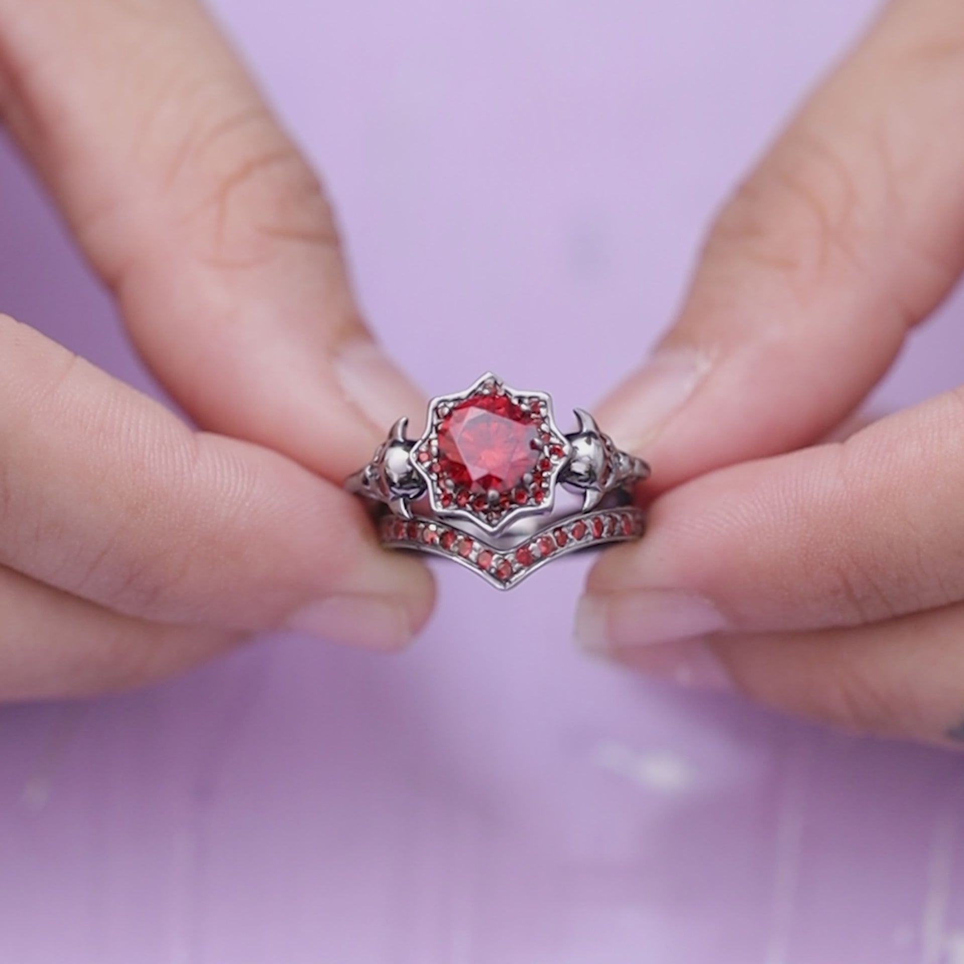 Vampire Skull Ring Set Red Garnet Gothic Skull Engagement Ring