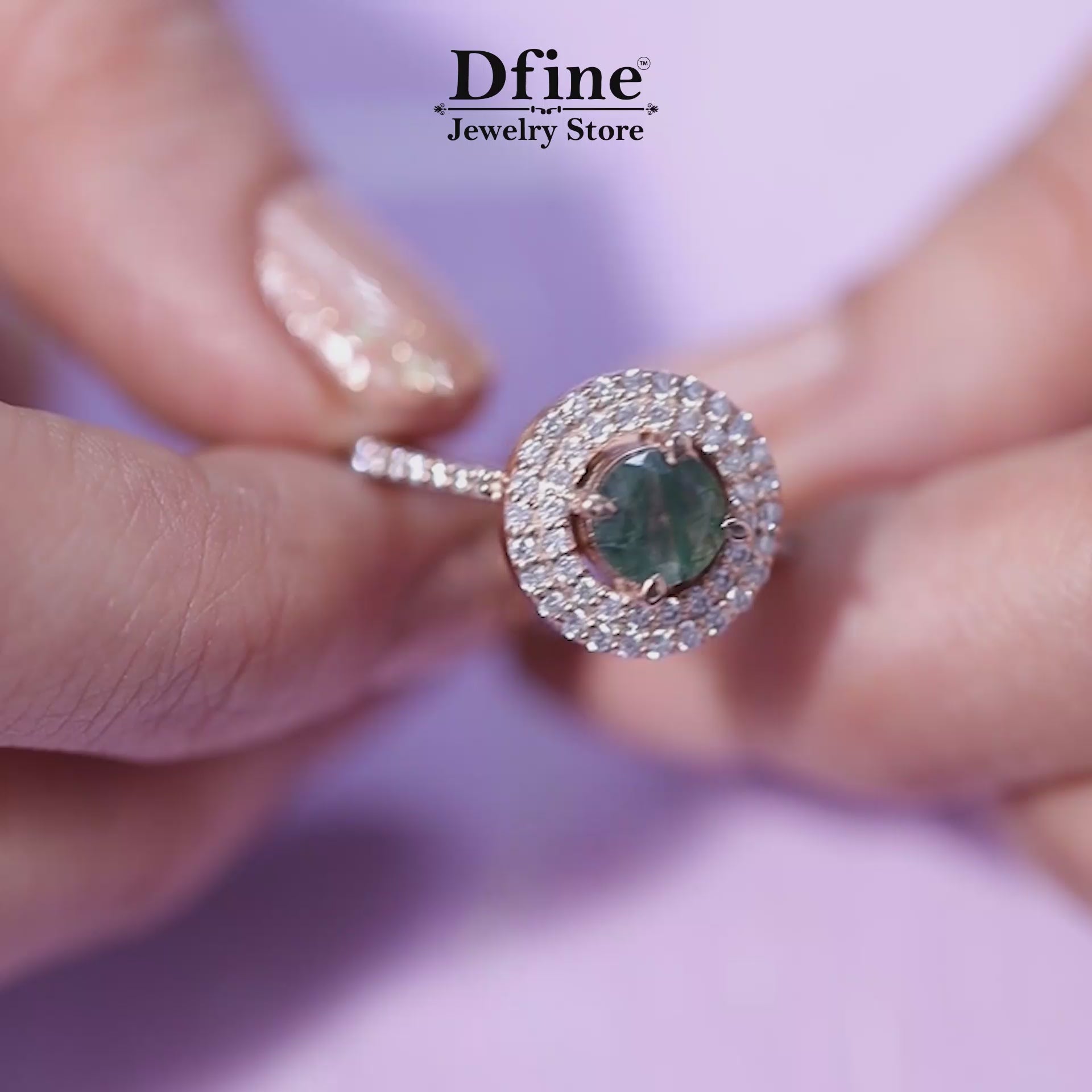 Moss Agate Statement Ring with Double Halo Setting in Solid 10k 14k Rose Gold