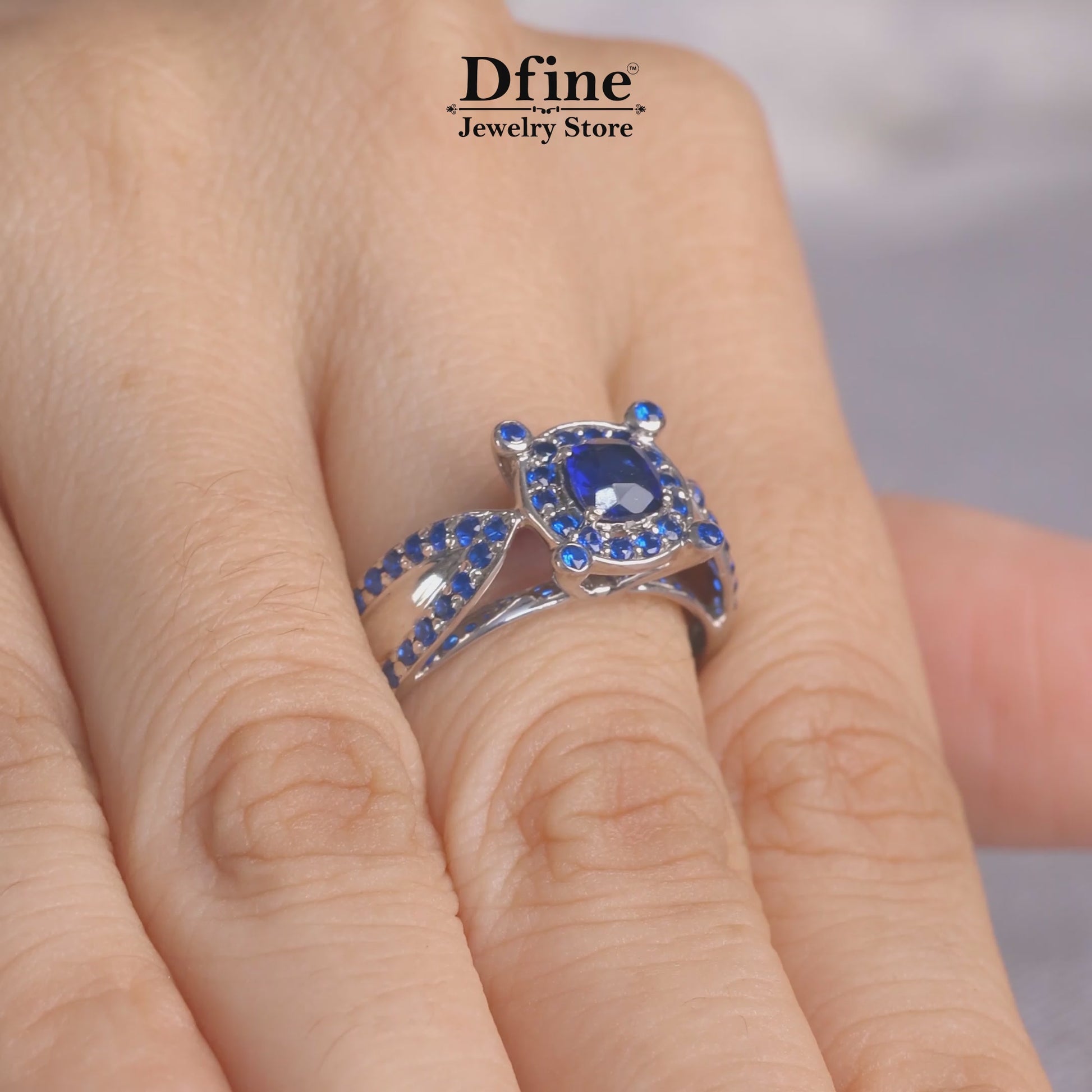 Halo Sapphire Statement Engagement Ring in sterling silver or white gold