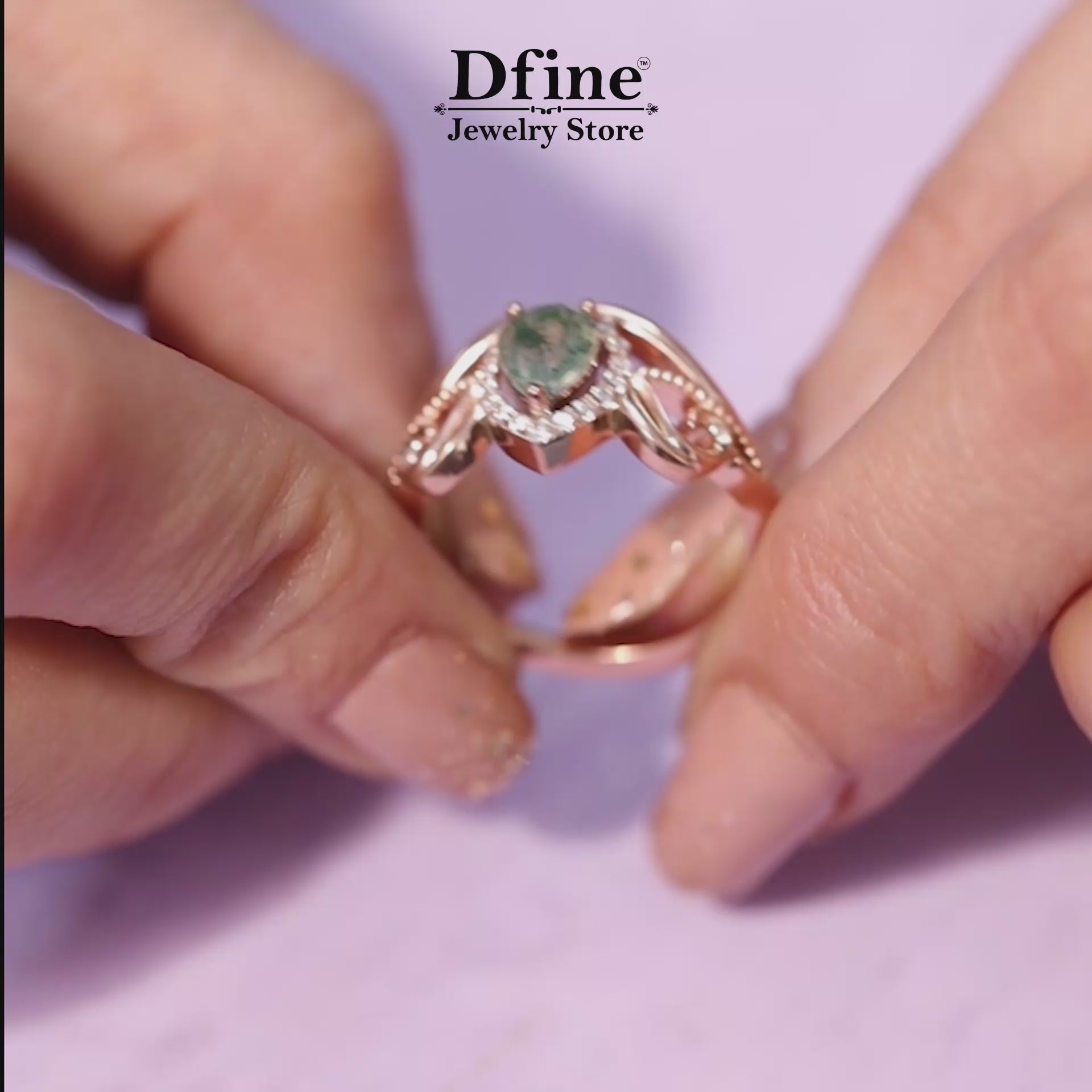 Pear Cut Moss Agate Vintage Style Engagement Ring in Rose Gold