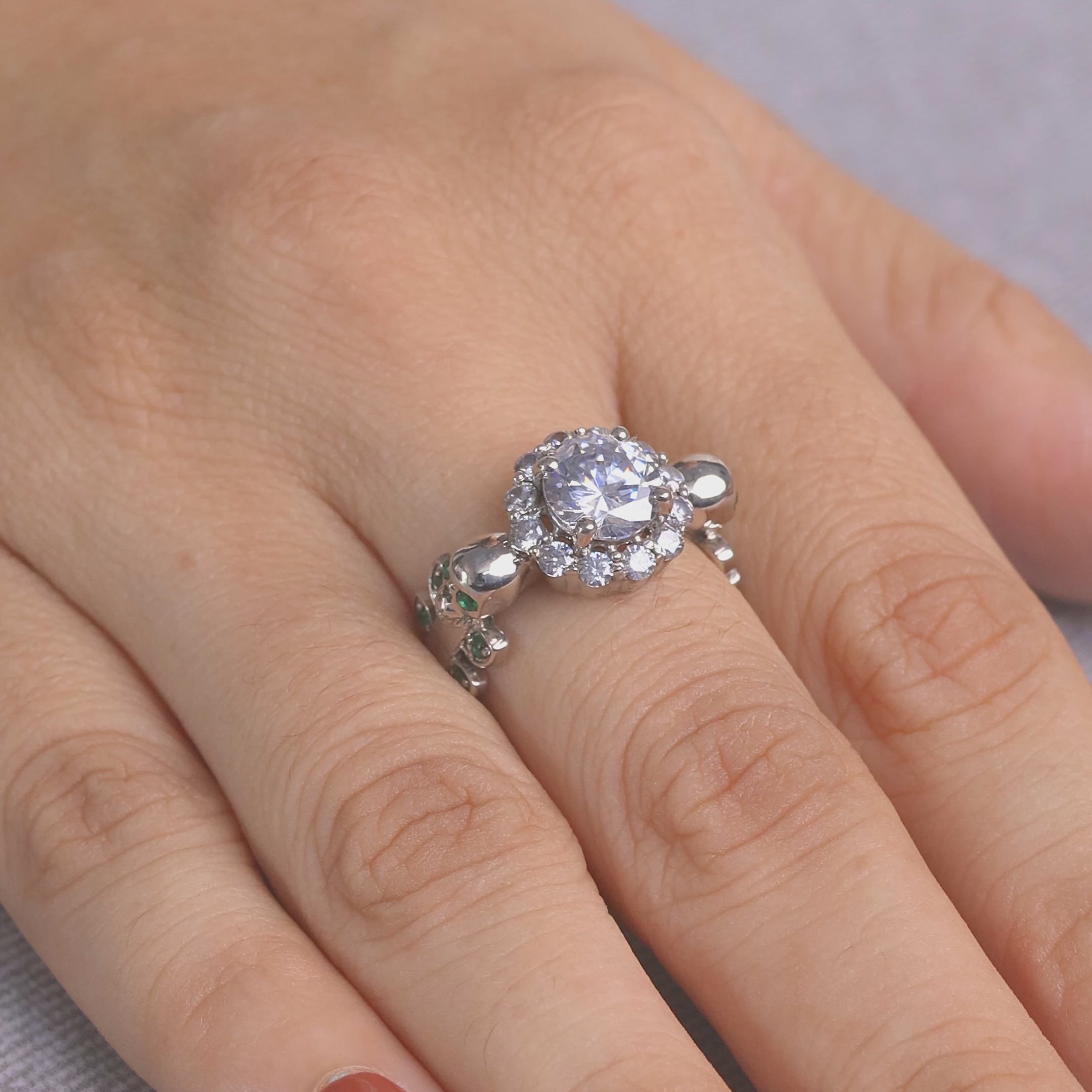 Diamond Leaf Skull Engagement Ring Halo Gothic Jewelry Silver
