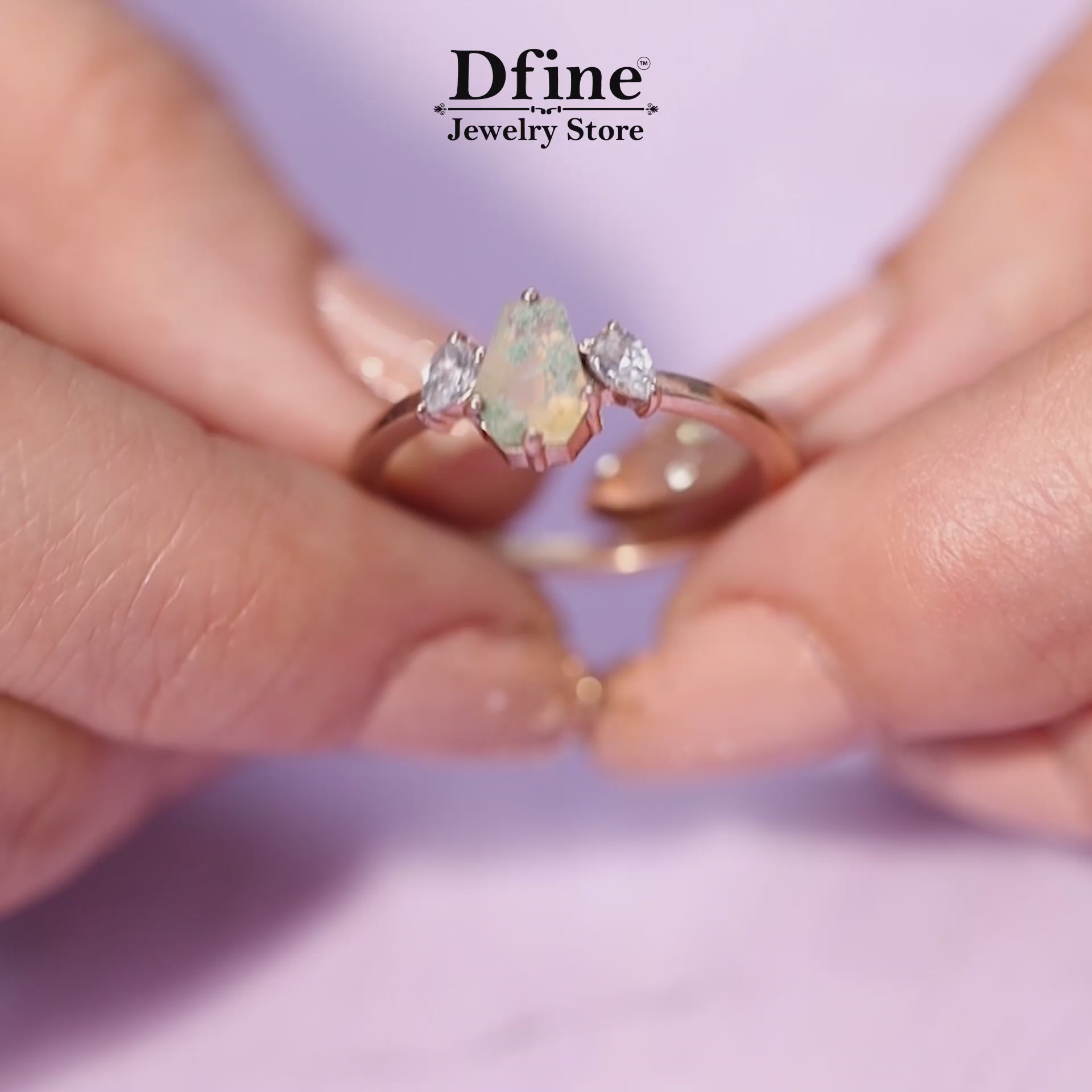 Coffin Moss Agate 3 Stone Ring in Solid Rose Gold