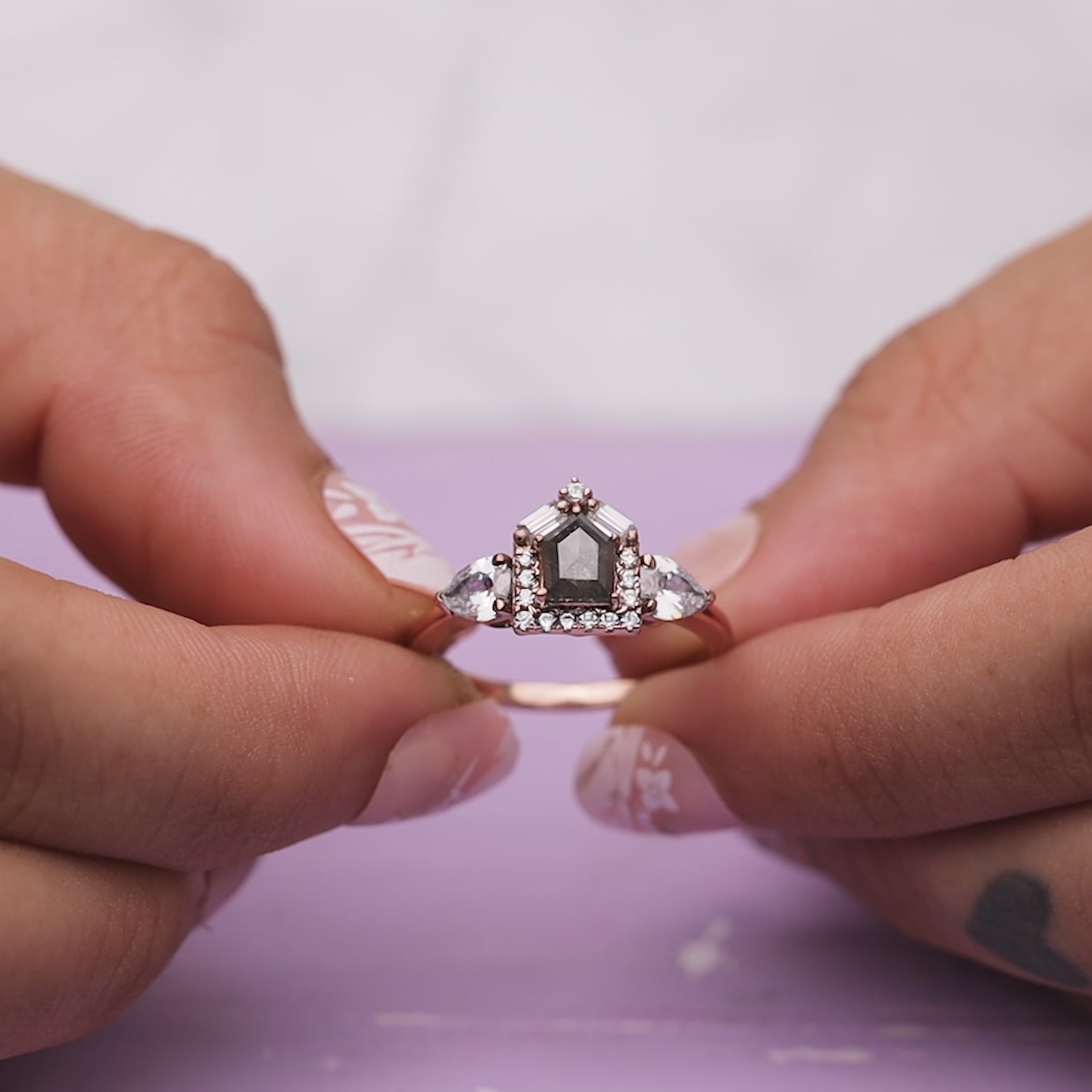 Shield Rose Cut Natural Salt and Pepper Diamond Bridal Ring Sets