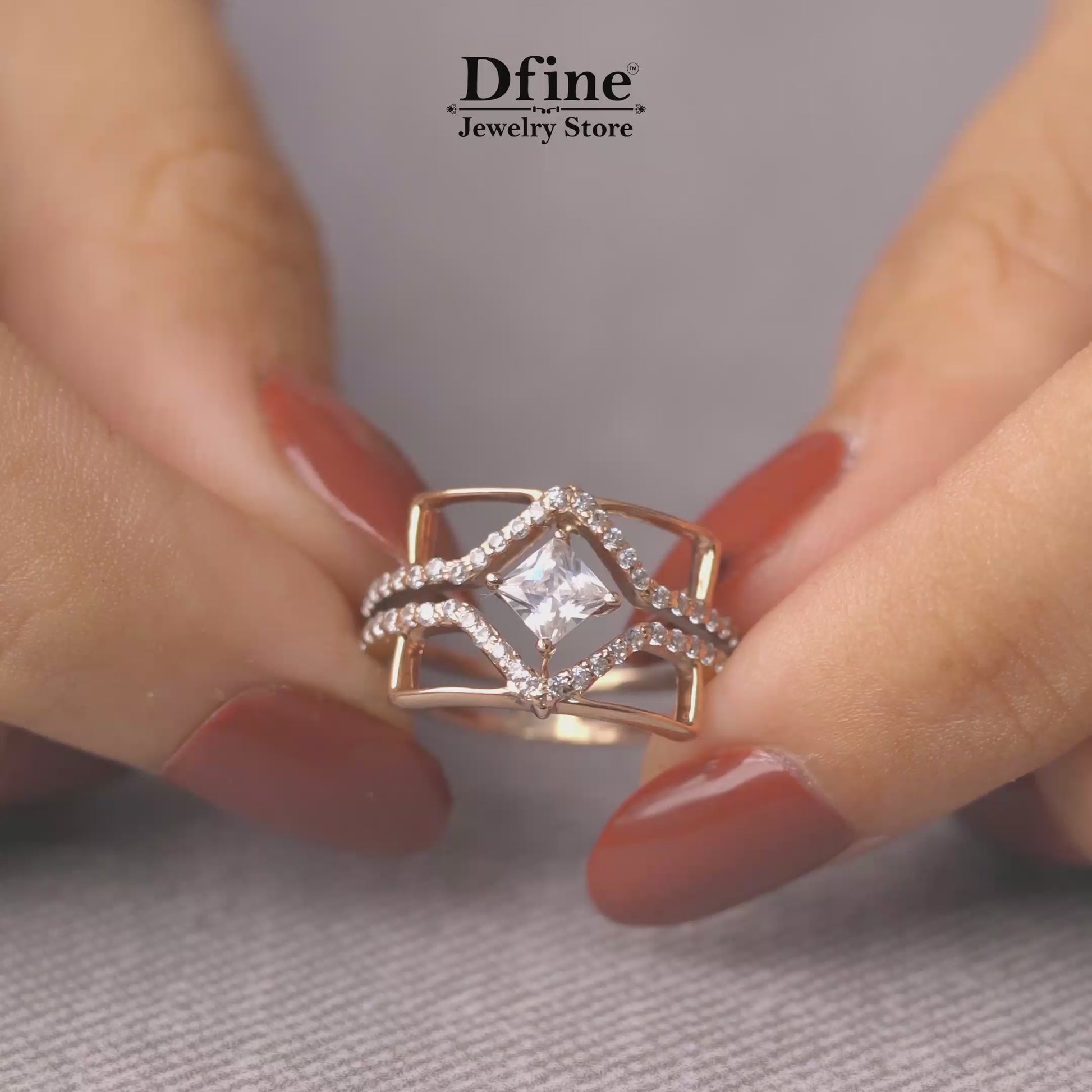 Princess Cut Moissanite Statement Engagement Ring with Geometric Design in Rose Gold