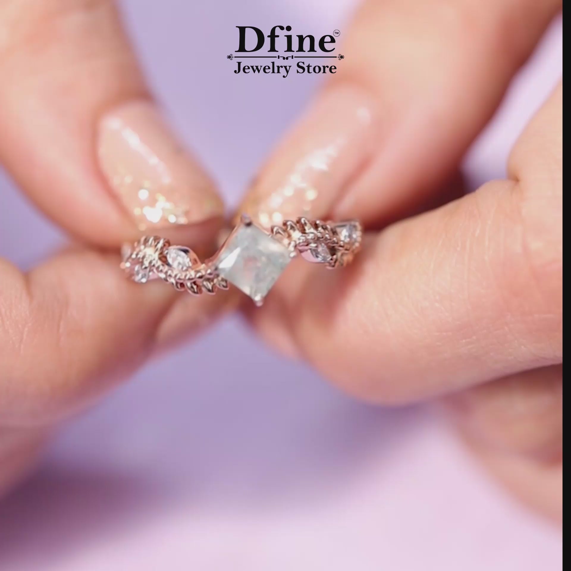 Princess Cut Moss Agate Floral Leaf Vine Nature Inspired Ring in Rose Gold