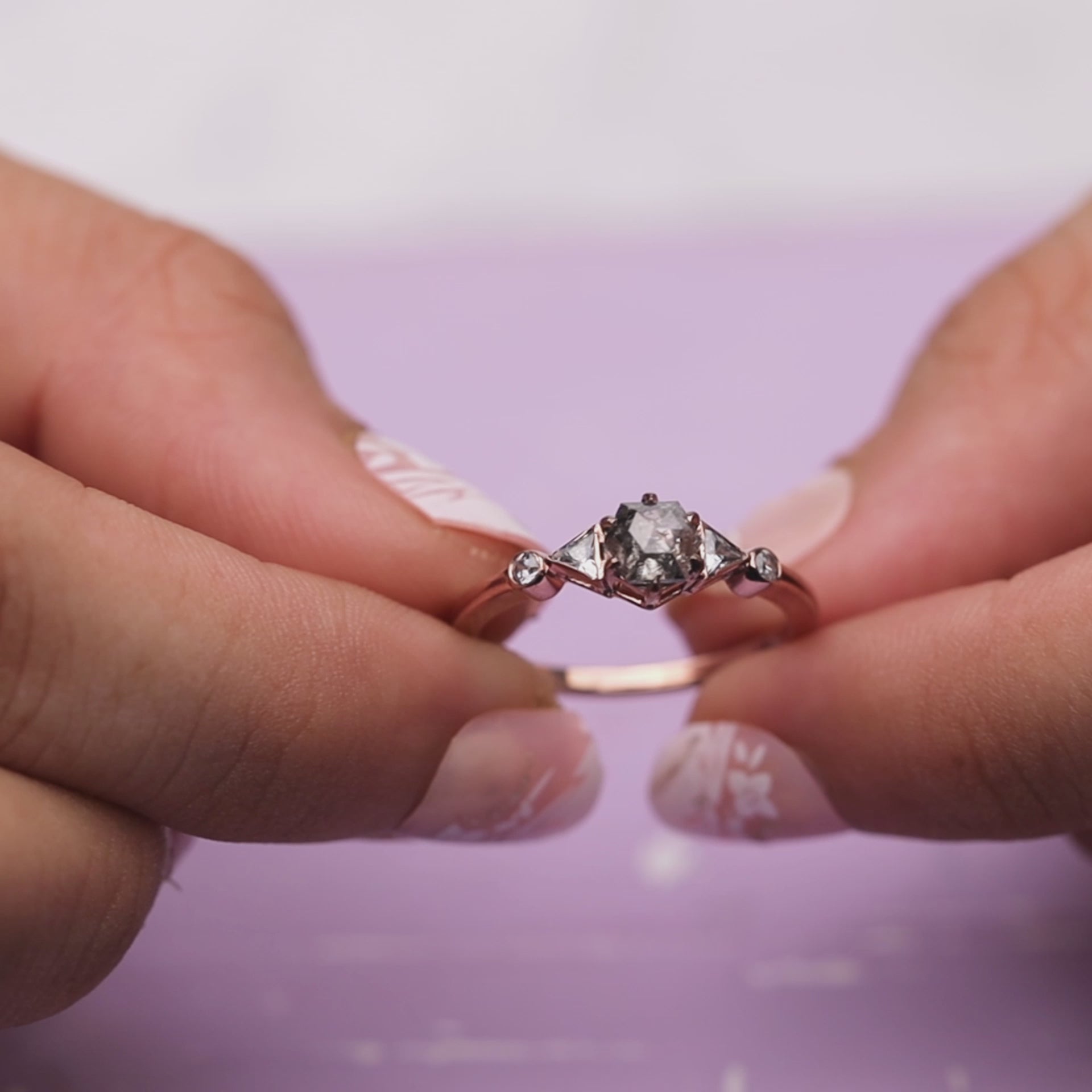 Natural Salt and Pepper Diamond Engagement Rings Hexagon Cut