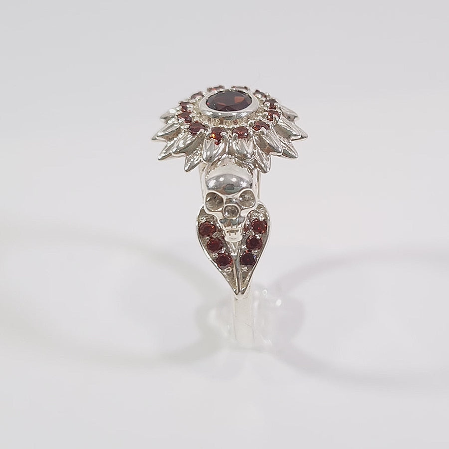 Silver Flower Skull Ring 0.80TCW Garnet Gothic Engagement Ring
