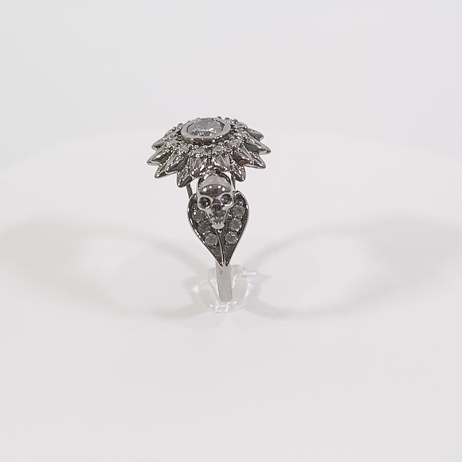 0.80TCW Diamond Skull Flower Ring Gothic Ring Silver Gun Metal