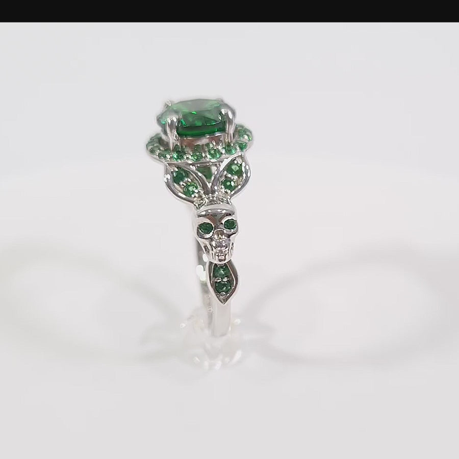 Halo Emerald Skull Wedding Ring Leaf Skull Ring Sterling Silver