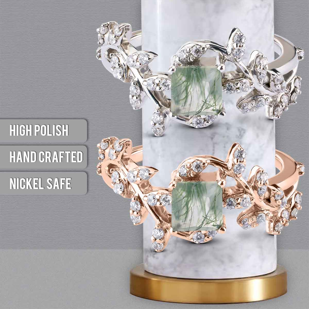 Princess Cut Moss Agate Ring Engagement Wedding Art Deco Leaf Vine Nature Rose Gold White Gold Sterling Silver