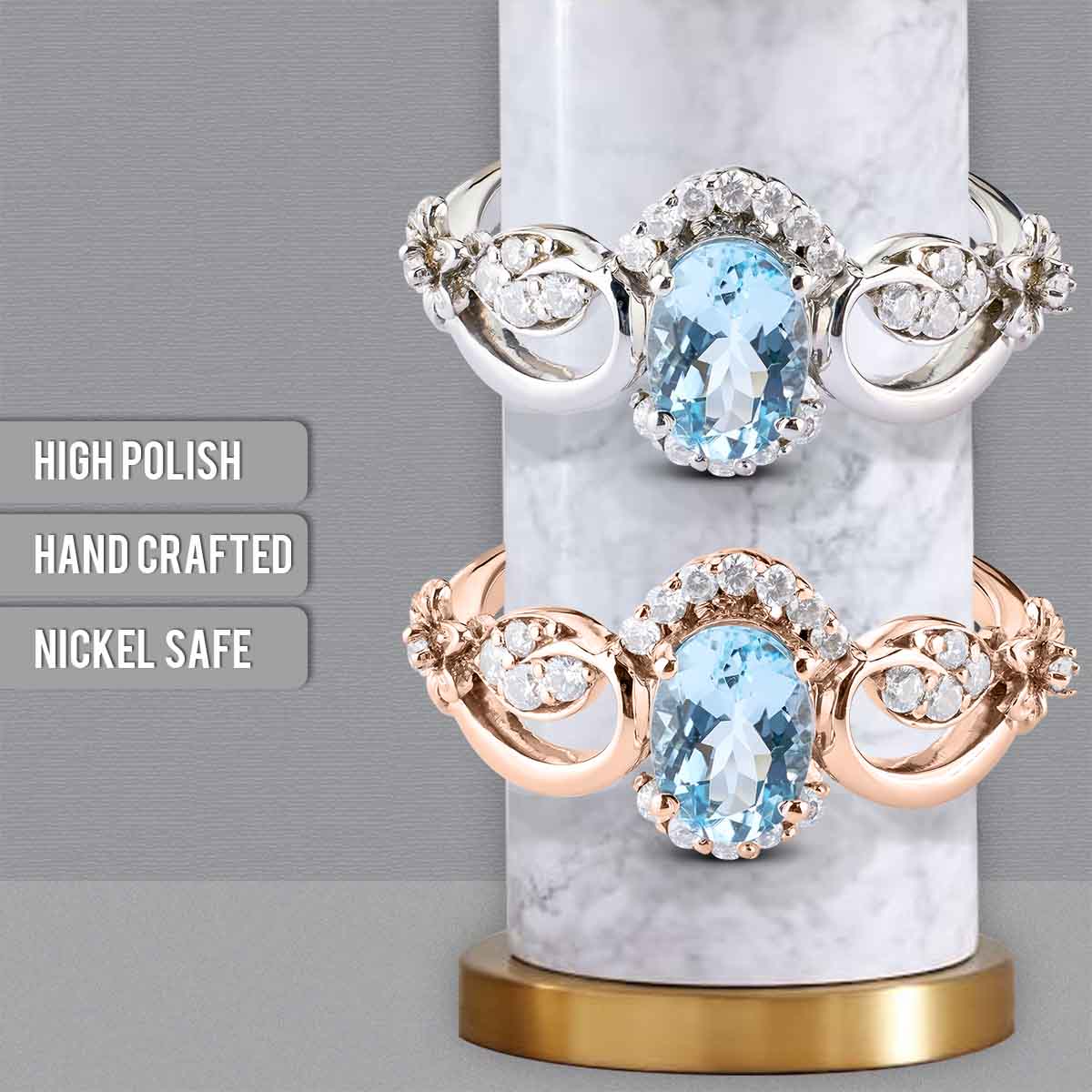Natural Sky Blue Topaz Engagement Ring Promise Wedding Anniversary Art Deco Flower Rose Gold White Gold Silver