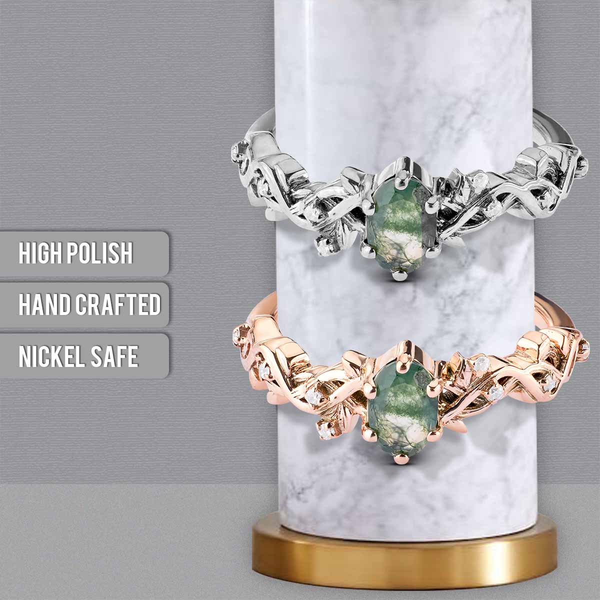 Oval Moss Agate Ring Nature Inspired Women's Engagement Ring Rose Gold White Gold Sterling Silver