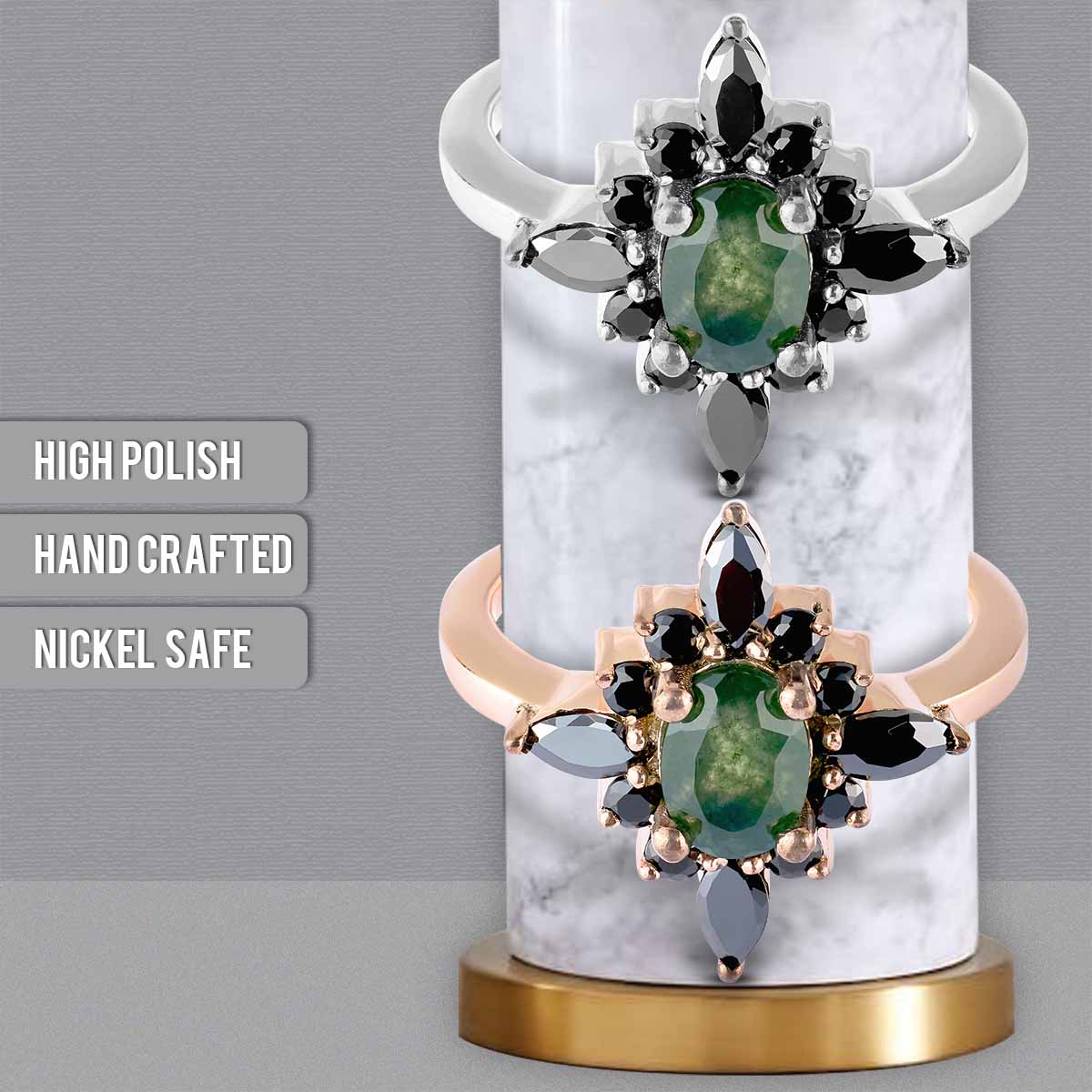 Oval Cut Natural Moss Agate Gemstone Black Onyx Vintage Engagement Ring Rose Gold White Gold