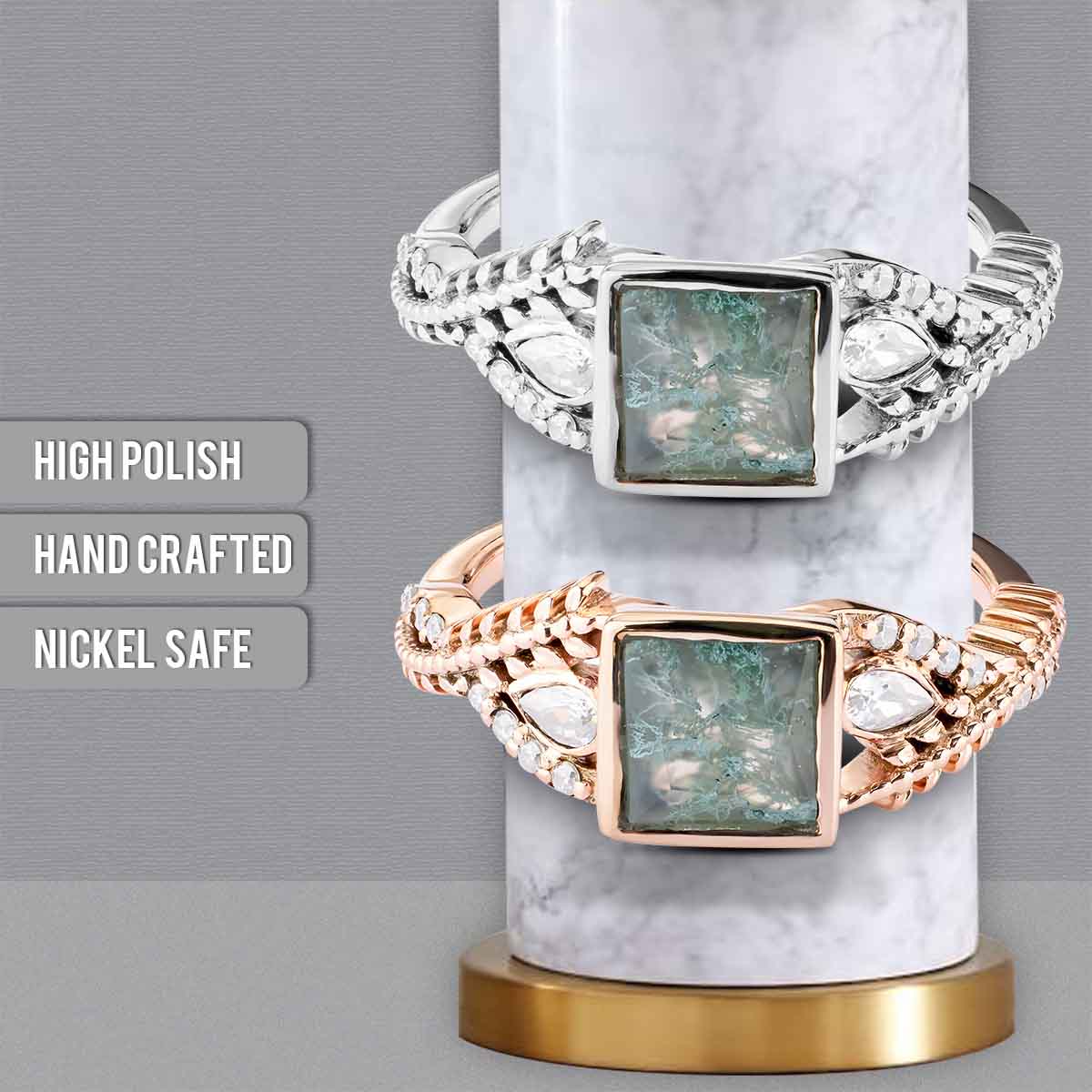 Women's Moss Agate Ring Nature Inspired Engagement Rings Rose Gold White Gold
