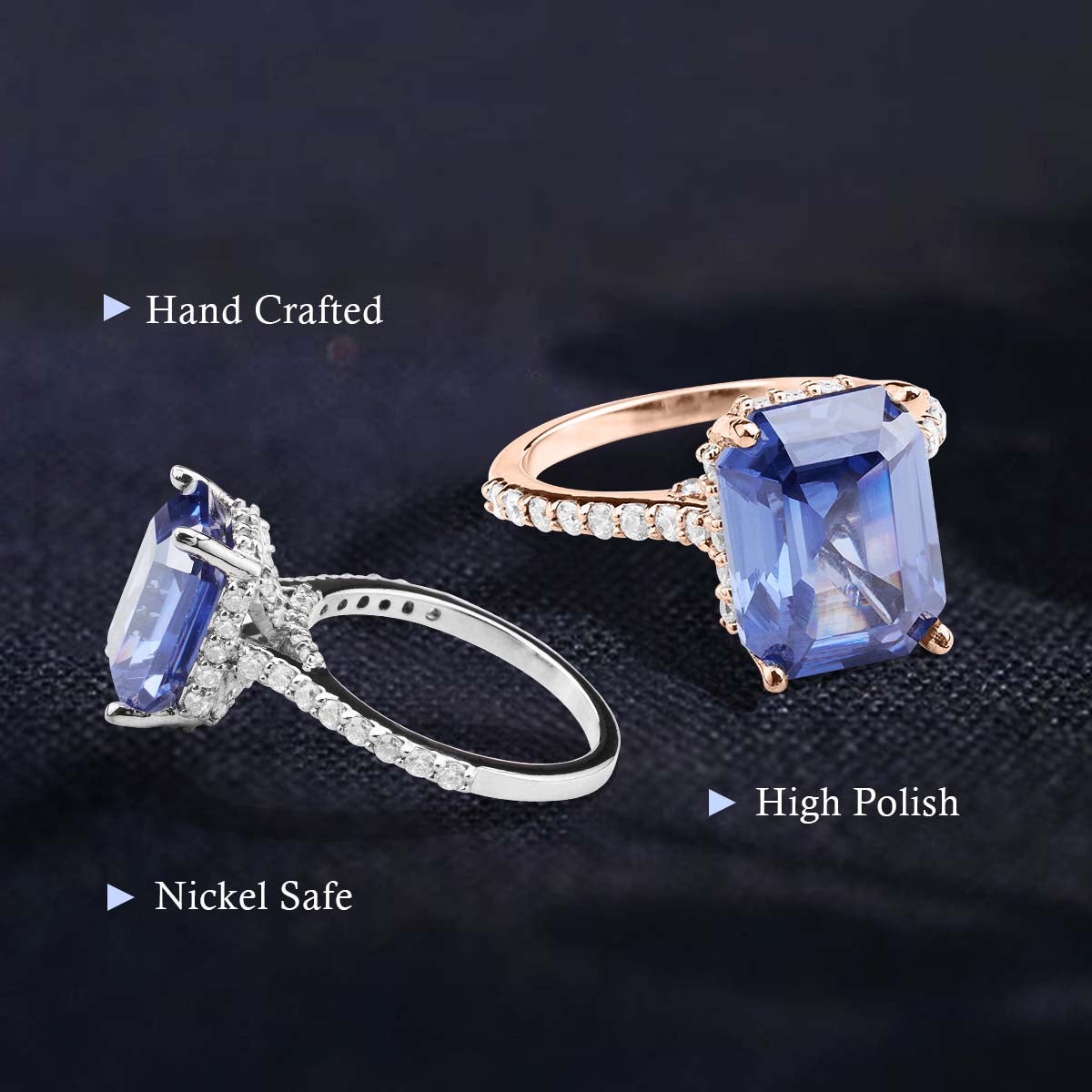 Women's Statement Ring Emerald Cut Blue Titanic Gemstone Hidden Halo Moissanite Cathedral