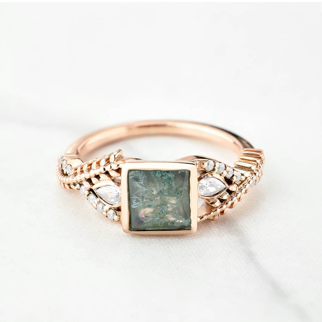 Women's Moss Agate Ring Nature Inspired Engagement Rings Rose Gold White Gold
