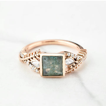 Women's Moss Agate Ring Nature Inspired Engagement Rings Rose Gold White Gold