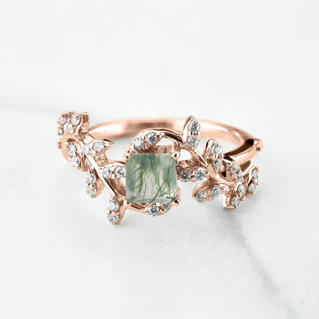 Princess Cut Moss Agate Ring Engagement Wedding Art Deco Leaf Vine Nature Rose Gold White Gold Sterling Silver