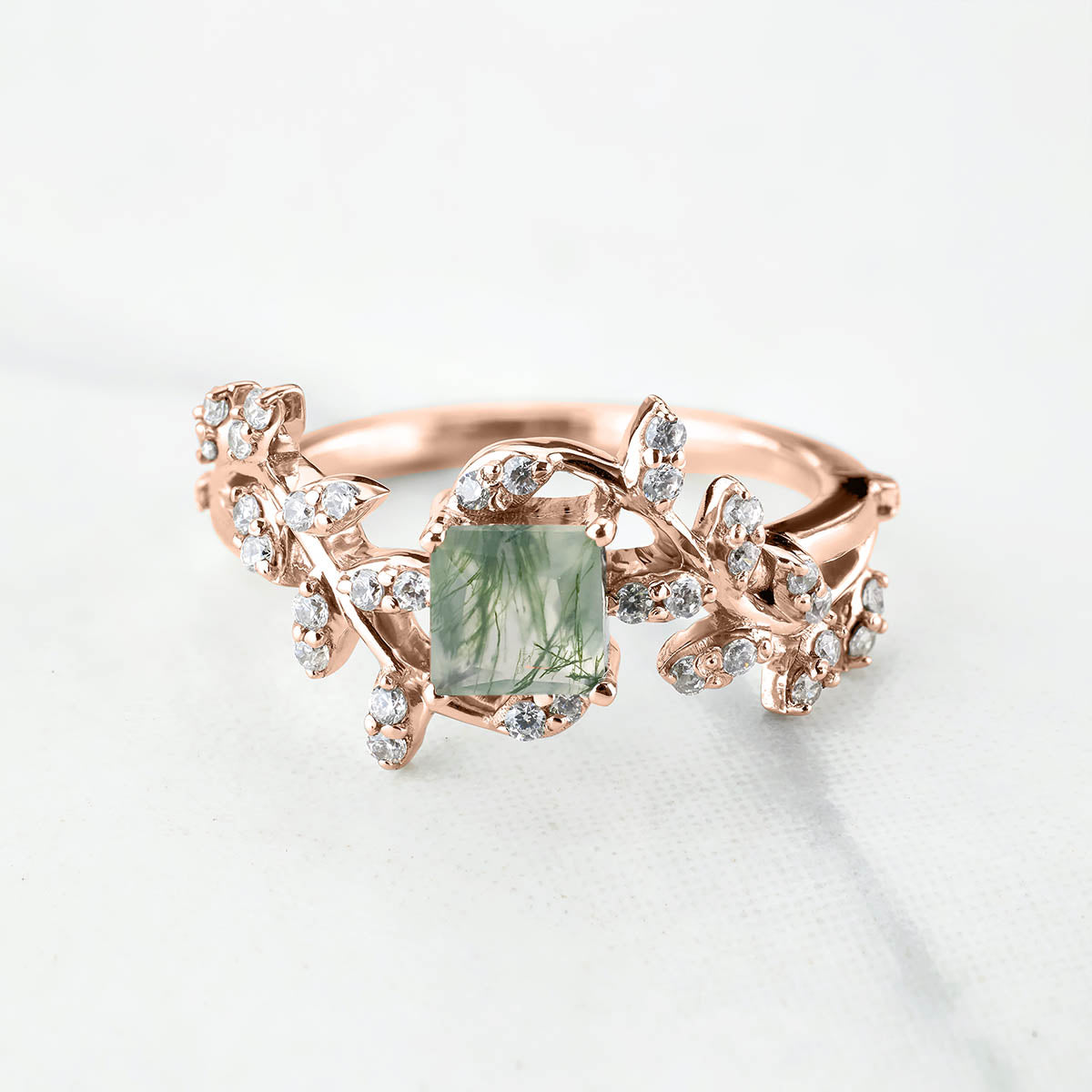 Princess Cut Moss Agate Ring Engagement Wedding Art Deco Leaf Vine Nature Rose Gold White Gold Sterling Silver