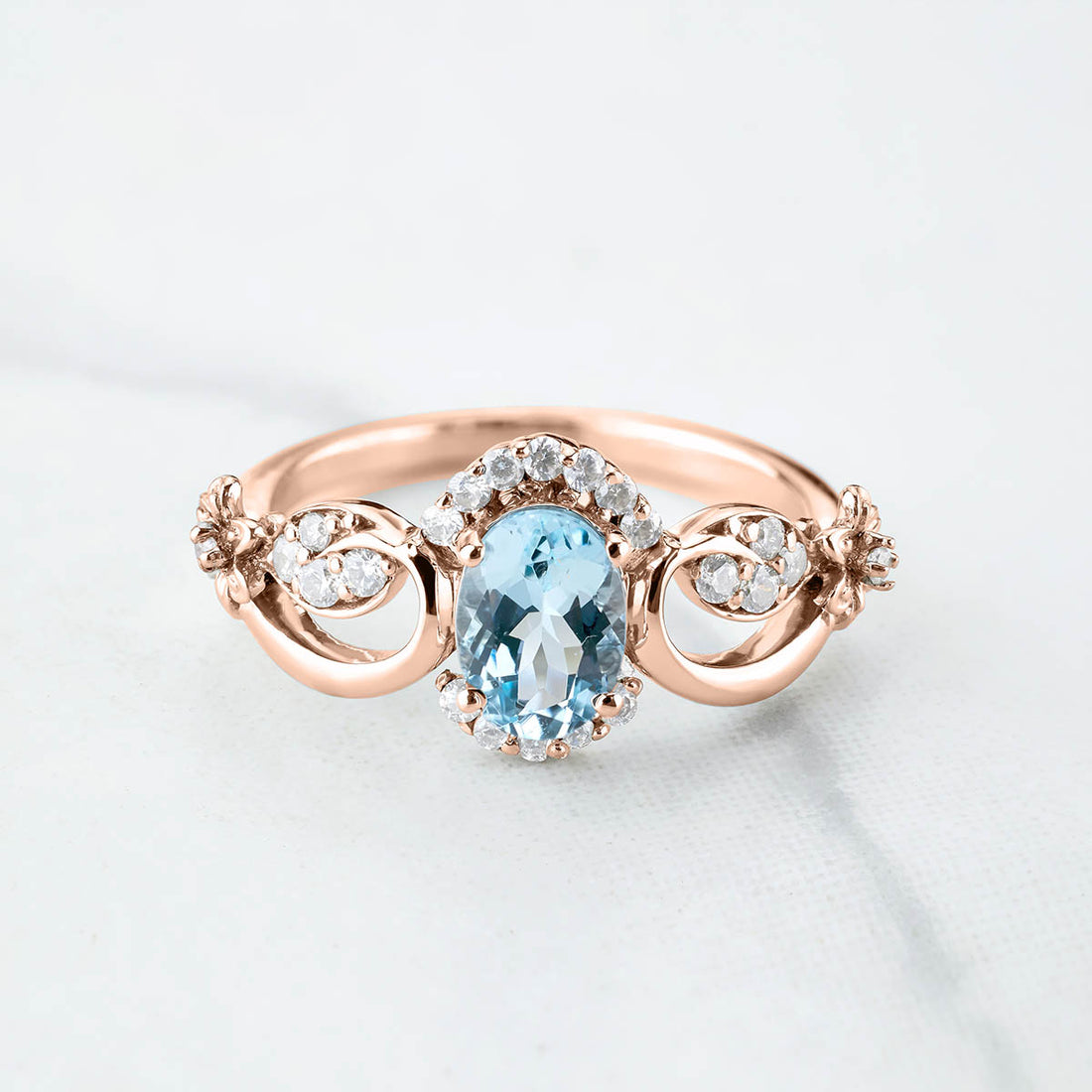 Natural Sky Blue Topaz Engagement Ring Promise Wedding Anniversary Art Deco Flower Rose Gold White Gold Silver