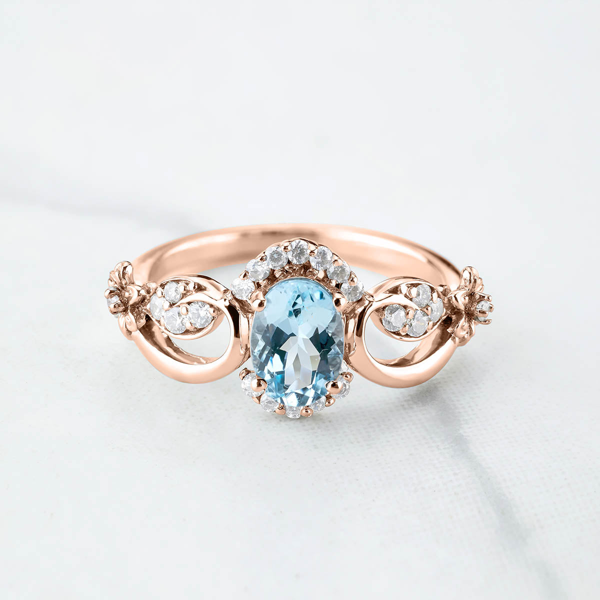 Natural Sky Blue Topaz Engagement Ring Promise Wedding Anniversary Art Deco Flower Rose Gold White Gold Silver