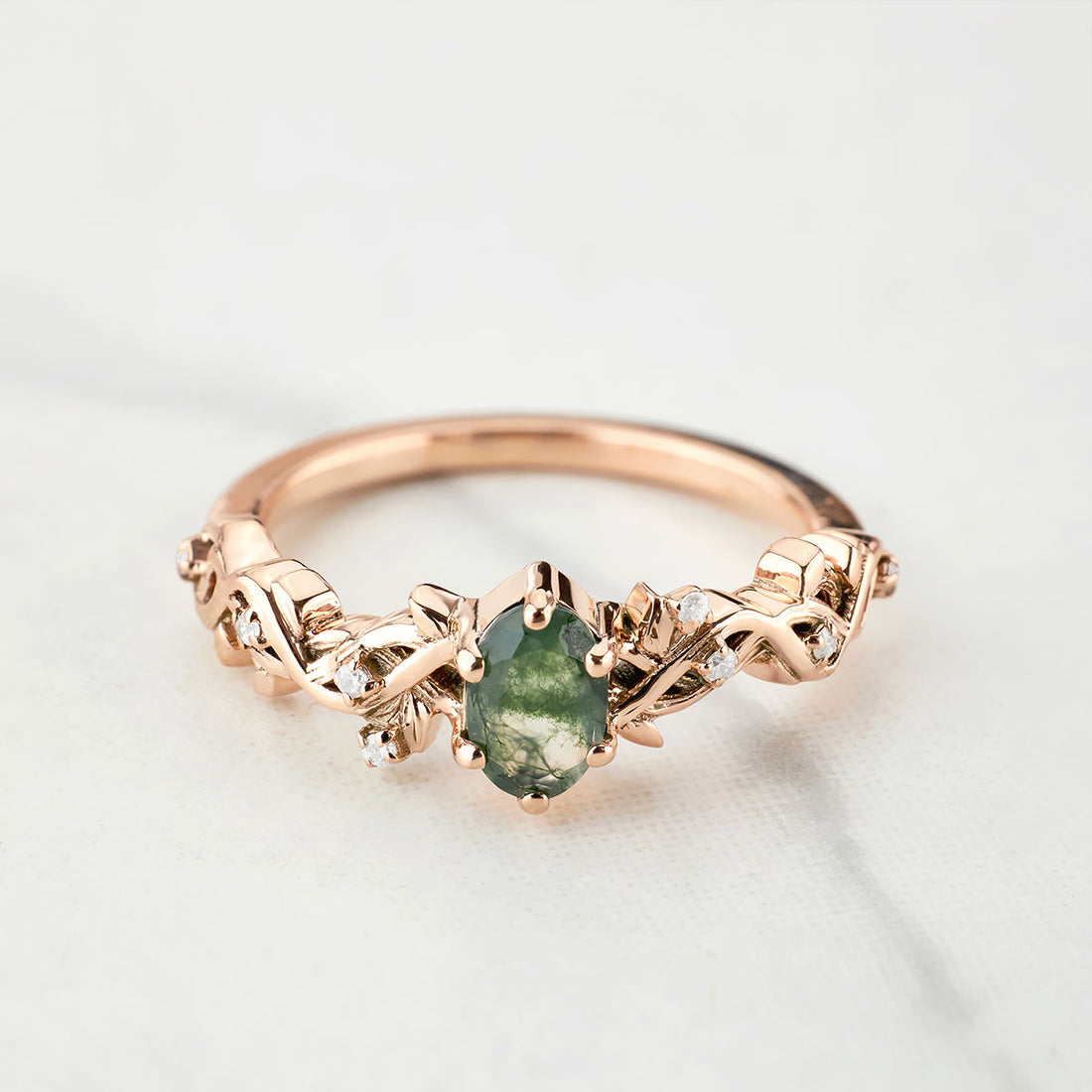 Oval Moss Agate Ring Nature Inspired Women's Engagement Ring Rose Gold White Gold Sterling Silver