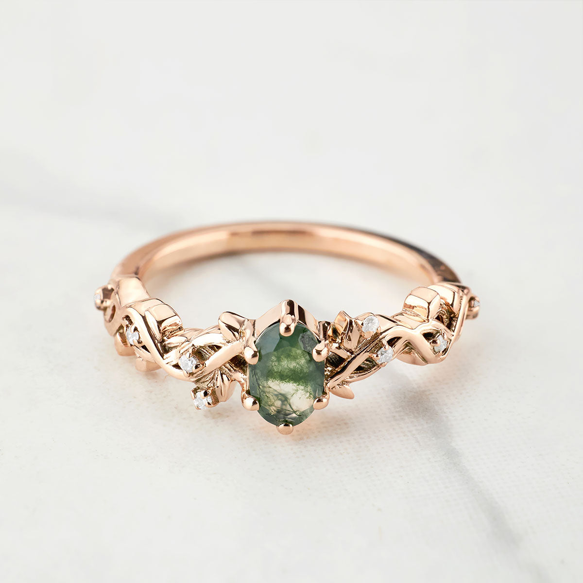 Oval Moss Agate Ring Nature Inspired Women's Engagement Ring Rose Gold White Gold Sterling Silver