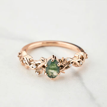 Oval Moss Agate Ring Nature Inspired Women's Engagement Ring Rose Gold White Gold Sterling Silver