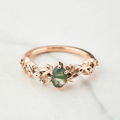 Oval Moss Agate Ring Nature Inspired Women's Engagement Ring