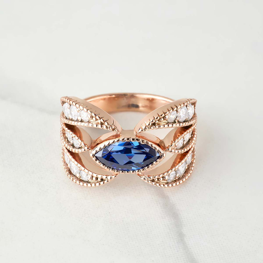 Engagement Rings Marquise Cut Blue Titanic Gemstone Rose Gold White Gold Milgrain Art Deco
