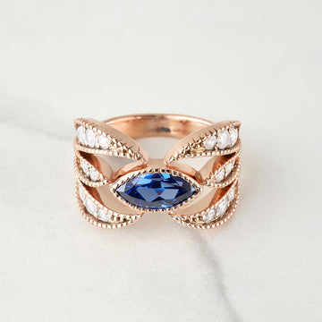 Engagement Rings Marquise Cut Blue Titanic Gemstone Rose Gold White Gold Milgrain Art Deco