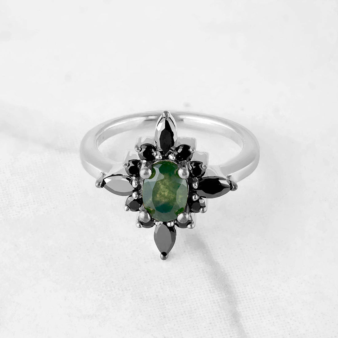 Oval Cut Natural Moss Agate Gemstone Black Onyx Vintage Engagement Ring Rose Gold White Gold